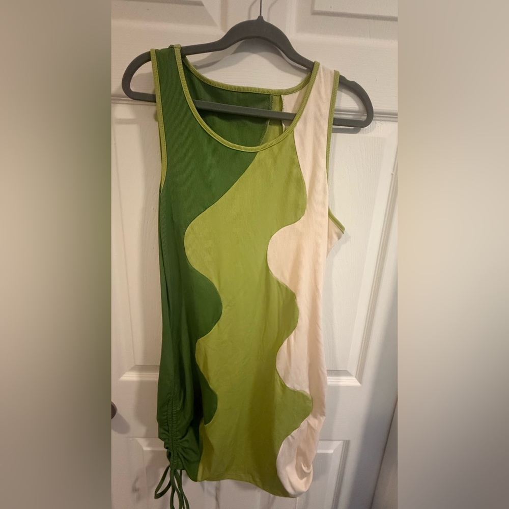 SHEIN Green and Cream Wave Pattern Tank Dress